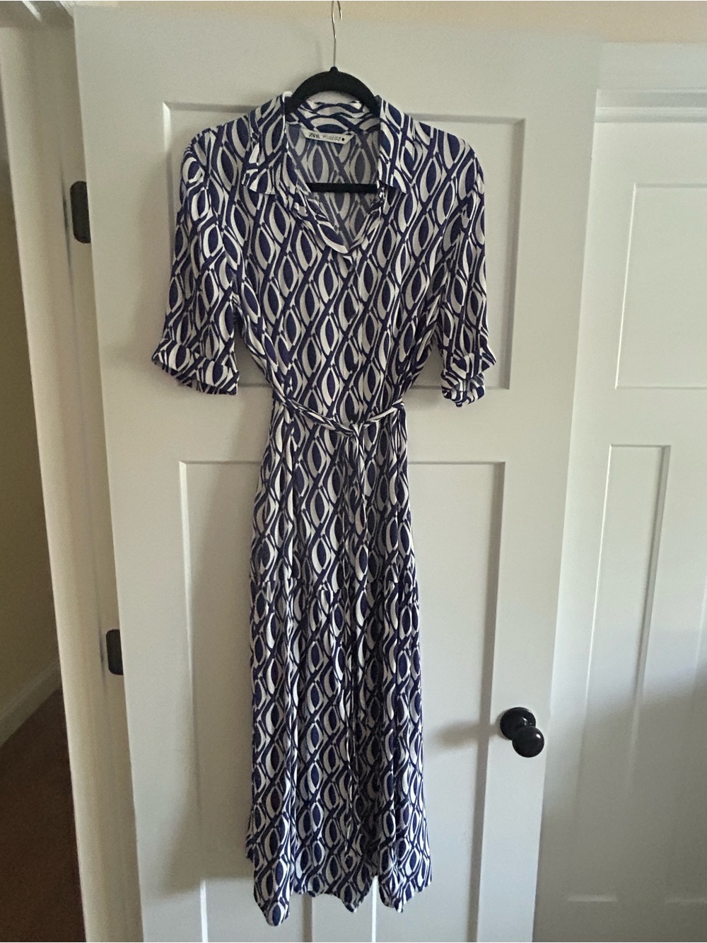 Zara Navy and White Geometric Midi Wrap Dress